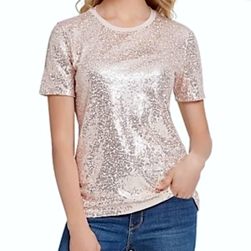 Sequin Shirt, DKNY Beige Pink, Short Sleeve T, Relaxed Fit, Medium, Sparkly